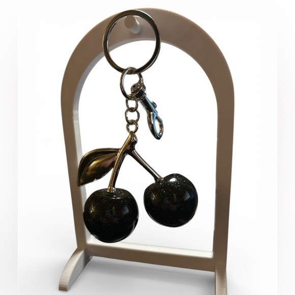 Accessories - Black Glitter Cherry Keychain or Bag Charm with Silver Hardware